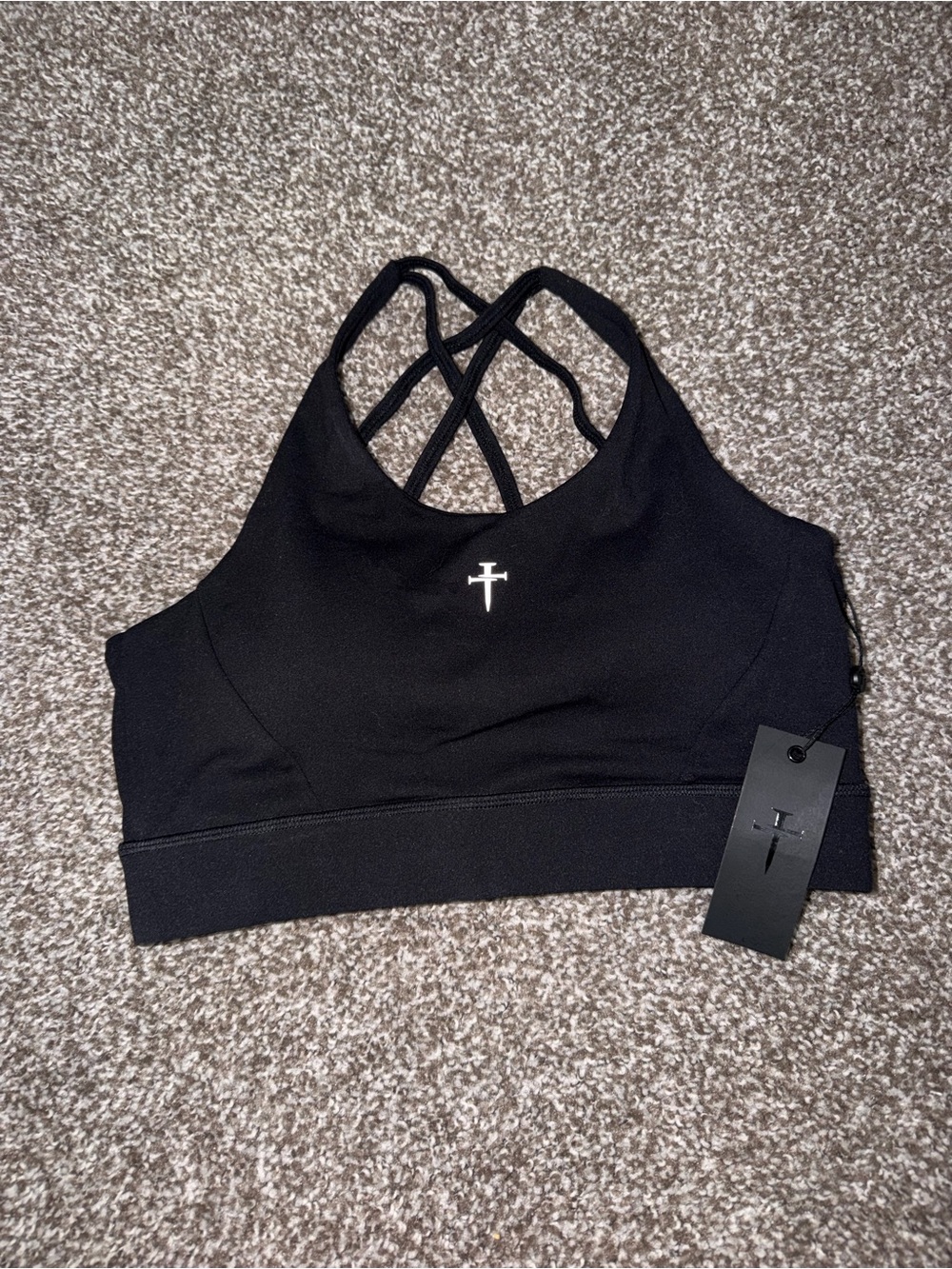 Three Nails Black Strappy Sports Bra with Cross Logo